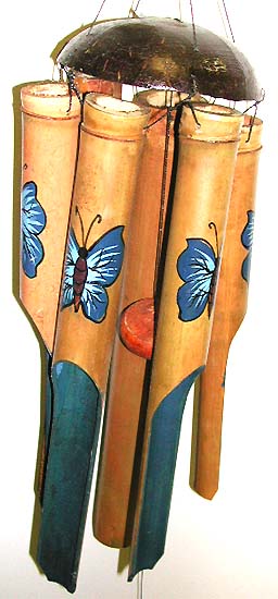 Bamboo chime - light brown bamboo wind chime with blue butterfly.