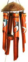 Dark brown bamboo wind chime with assorted color and design dolphin painted on each pipe, flat half nut shell on top