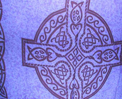 Celtic Motif Rayon Batik Sarong from Indonesia  -Light blue color with black Celtic knot work and Celtic cross pattern design on center 