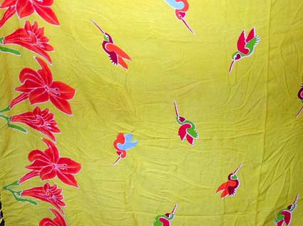 Batik sarong,summer dress -Yellow spring floral garden with red flower and flying birds design Batik beachwear