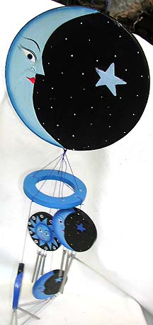 Celestial gift wholesale supply - Blue sun moon star on rounded wooden black disk fashion windchime with 4 small sun mmon disk holding metal pipe attached on bottom