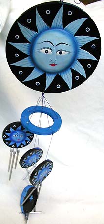 Celestial gift wholesale supply - Blue sun moon star on rounded wooden black disk fashion windchime with 4 small sun mmon disk holding metal pipe attached on bottom