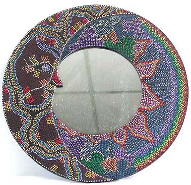 Batik sun moon star dotted round wooden mirror, assorted color and pattern design randomly pick 