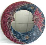 Batik sun moon star dotted round wooden mirror, assorted color and pattern design randomly pick