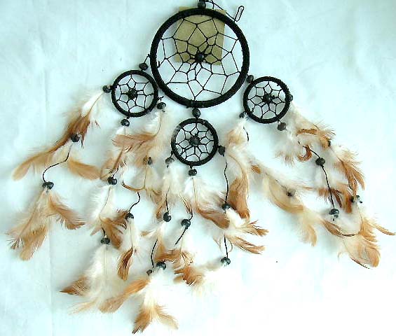 Southwestern gift wholesale dream catcher, one large catcher with 3 mini ones holding multi beaded feather on bottom