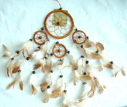 Southwestern gift wholesale dream catcher, one large catcher with 3 mini ones holding multi beaded feather on bottom
