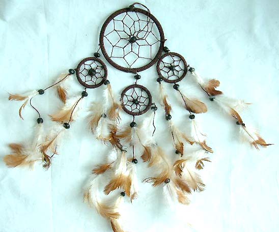 Southwestern gift wholesale dream catcher, one large catcher with 3 mini ones holding multi beaded feather on bottom
