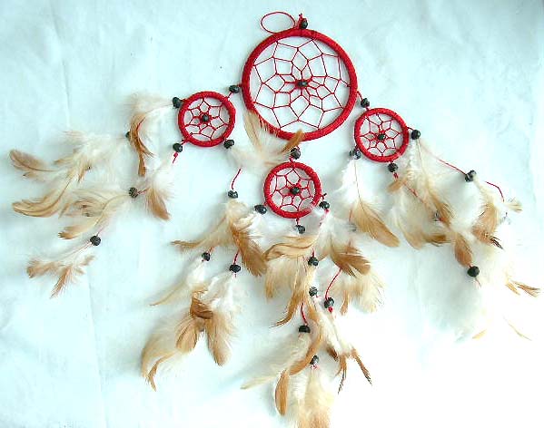 Southwestern gift wholesale dream catcher, one large catcher with 3 mini ones holding multi beaded feather on bottom