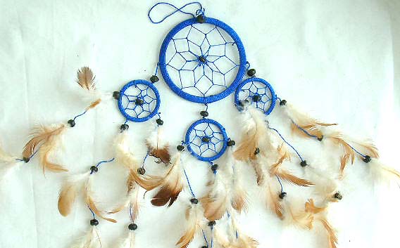 Southwestern gift wholesale dream catcher, one large catcher with 3 mini ones holding multi beaded feather on bottom