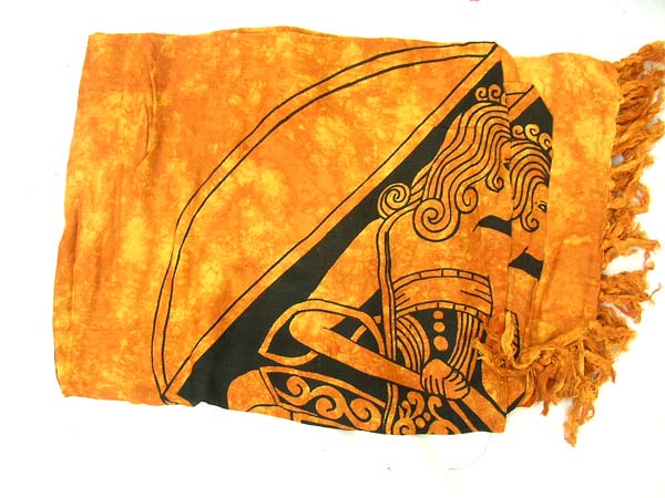 Unique Celtic artwork on orange batik shawl wrap from international clothing trader