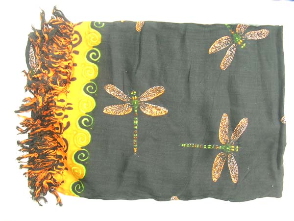 Dragonfly on artisan inspired batik shawl with yellow wave design from wholesale manufacturing exporter