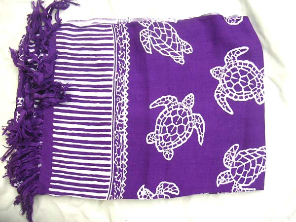 Unique beach wear collection boutique, Exotic turtle theme on purple and white island style batik scarf 