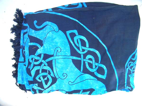 Uffington horse inspired Celtic art design with knot on blue and black batik wrap, wholesale supply catalog
