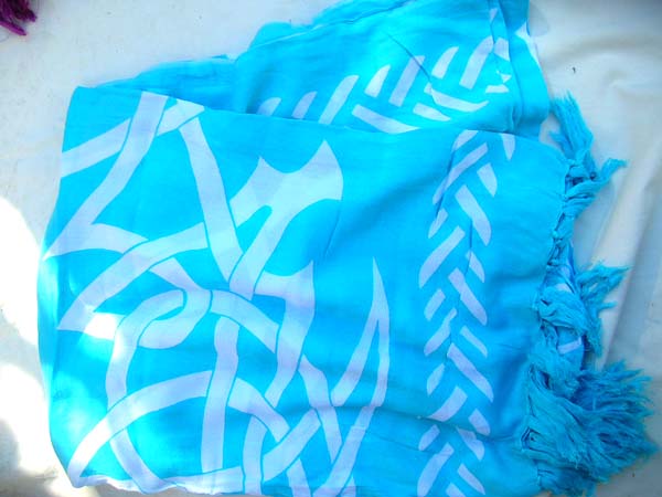 Alternative religion gift store supplier, Celtic tribal knot art in white on blue spring fashion sarong