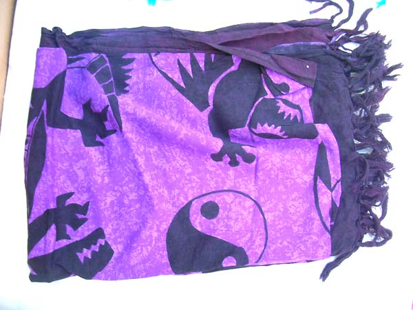 Exotic sarong distribution import outlet, Yin yang and gecko print design on purple indonesian fashion shawl