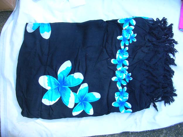Best online casual spring wear wholesaler, Garden floral print in blue on black poolside bali wrap sarong
