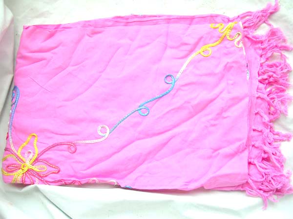 Handcrafted fashion supplier wholesales Embroidered bow design in spring colors on pink batik scarf sarong 