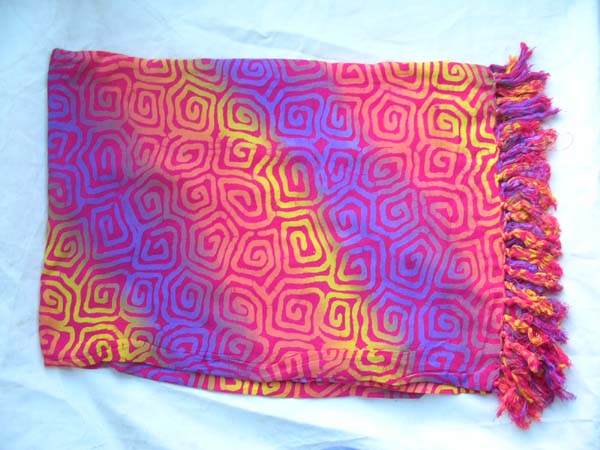 Ladies artsy sarong catalog shopping, Unique spiral design on purple, yellow, and pink striped batik scarf