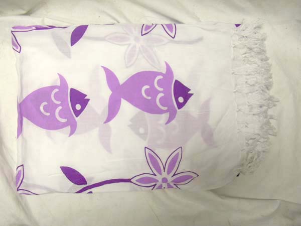 Purple exotic fish pattern on white indonesian beachwrap sarong import wholesale by tropical supply factory