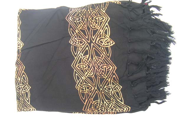 Designer womens travel wear warehouse store, Gold celtic band in knot design on black bali batik wrap sarong 