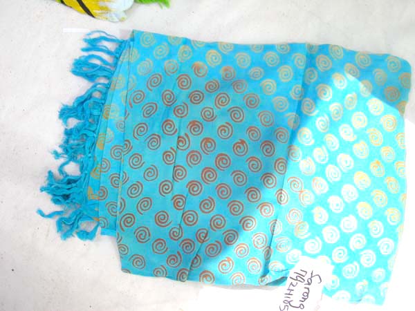 Clothing factory exchange outlet, Golden spiral fashion print on light blue batik shawl wrap