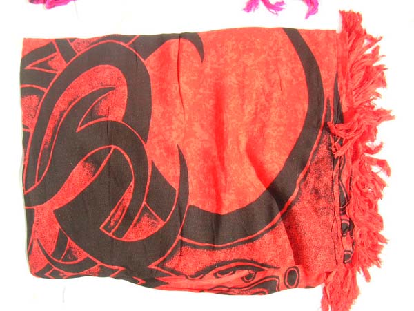 Tattoo styled tribal art design in black on red bali bali pareo wrap shawl  from import wholesale exchange gallery