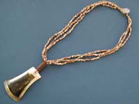Fashion necklace with a wooden bead fan shape seashell pendant in triple brown beaded string design, button loop for convenience closure