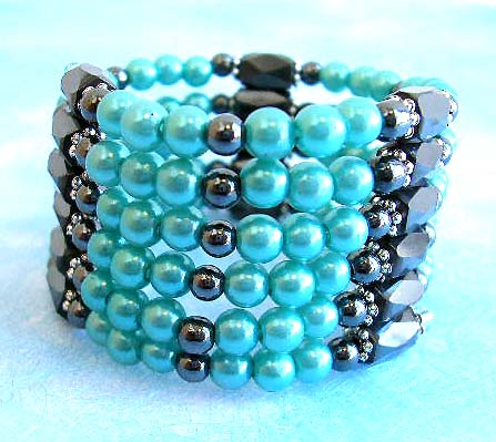 Wholesale jewelry online shop supply rhinestone magnetic hematite bracelet necklace with blue faux pearl beads
