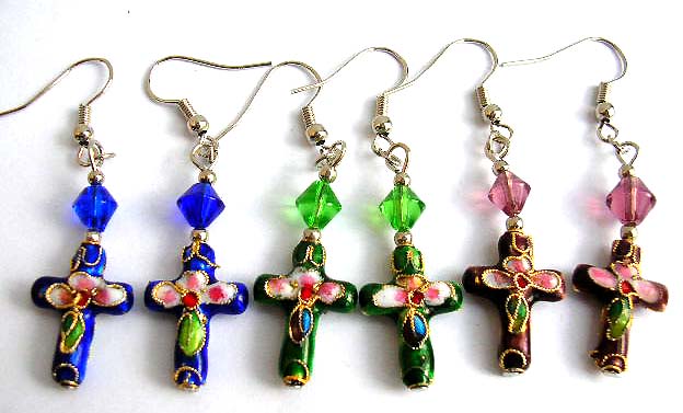 Fashion earring with fish hook back holding a dark blue diamond shape bead and a flower pattern decor handmade enamel cloisonne dark blue circular bead