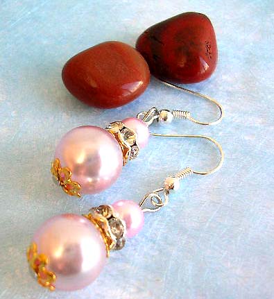 Lady's love jewelry, double imitation pearl earring with cz ring and golden bead cap