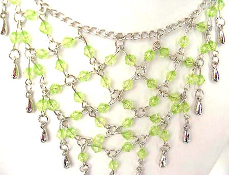 Fashion necklace and earring set, chain necklace with multi greenish rhinestone embedded web shape dangle pendant at center, beaded fish hook earring for match up   