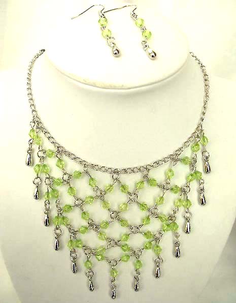 Fashion necklace and earring set, chain necklace with multi greenish rhinestone embedded web shape dangle pendant at center, beaded fish hook earring for match up   