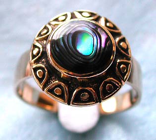 Natural stone ring wholesale online shop presenting abalone seashell inlay bronze ring with flower pattern decor