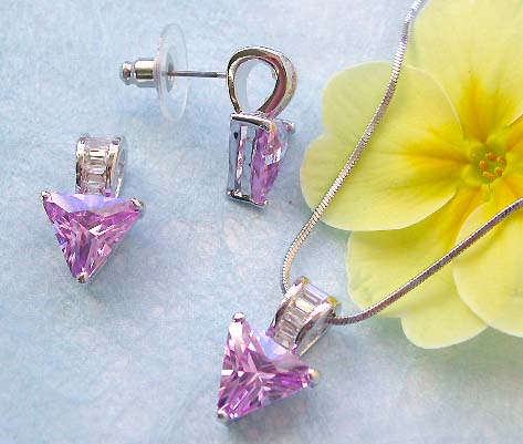 Geometric jewelry importer wholesale chain necklace, triangular purple cz pendant and stud earring set