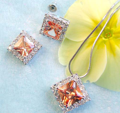Elegant jewelry collection wholesale chain necklace, mini clear cz around diamod orange cz pendant and stud earring set