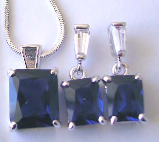 Jewelry art catalog display chain necklace, rectangular dark blue cz pendant and stud earring set