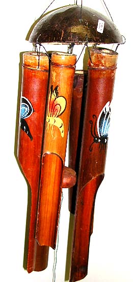 Wholesale wind chime - brown bamboo wind chime with assorted color butterflies.