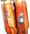 Dark brown bamboo wind chime with assorted color butterflies painted on each and half nut shell on top pipe