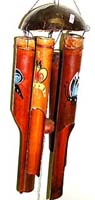 Dark brown bamboo wind chime with assorted color butterflies painted on each and half nut shell on top pipe