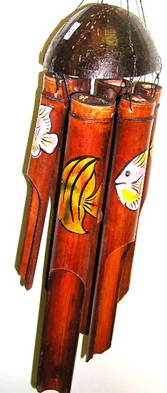 Craft wind chime - dark brown bamboo wind chime with assorted color fish and oval nut shell top.