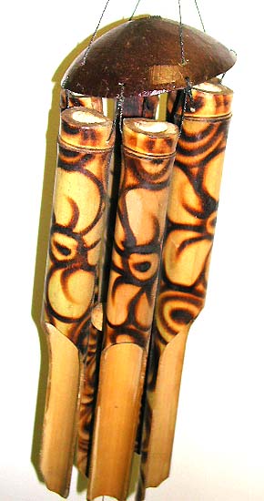 Unique wind chime - brown bamboo wind chime with fire burned flower and flat nut shell top.