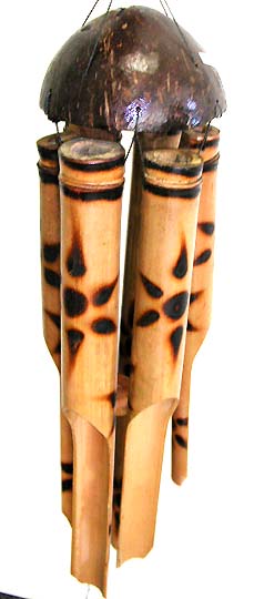 Wind chime - lignt brown bamboo windchime with fire burned sun pattern.