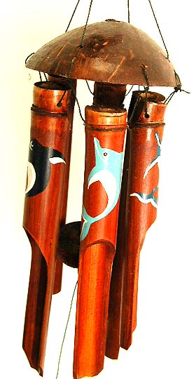Wind chime - dark brown bamboo wind chime with assorted color dolphin.