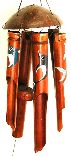 Wind chime - dark brown bamboo wind chime with assorted color dolphin.