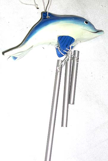 Doorbell chime - individual wood carving dolphin with metal wind chime.