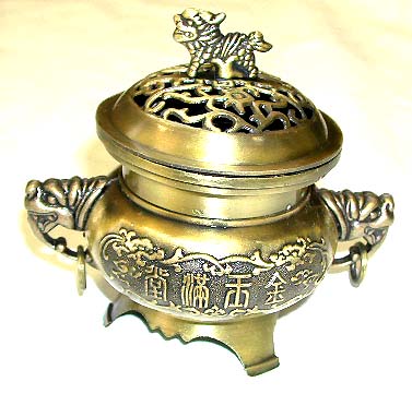 Home interior gift - metallic FENG SHUI incense burner with Chinese greeting word means 'FULL WITH WEALTH'.
