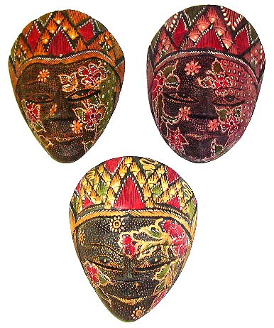 Batik mask - assorted color and design face mask with with flower painted on face.
