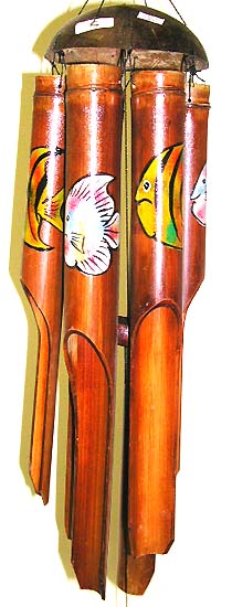 Wholesale Windchime -Dark brown bamboo windchime with colored fish painted on, nautical gifts item