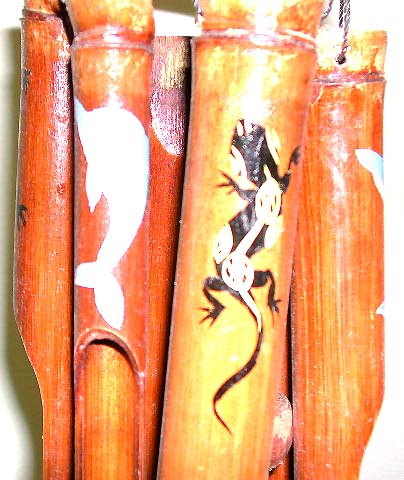 Indonesian enchantment and mystery wholesale Windchime -Dark brown bamboo windchime with dolphin and gecko painted on, gift for animal lovers