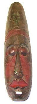 Balinese masks - long mask with red paint on forehead, chins and mouth